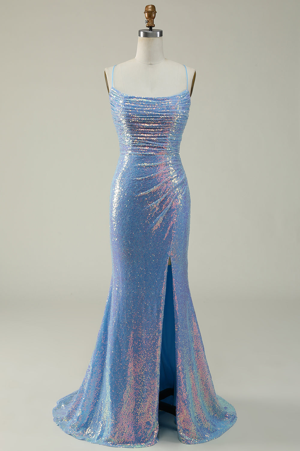BLUE SEQUIN SPAGHETTI STRAP MERMAID PROM GOWN
