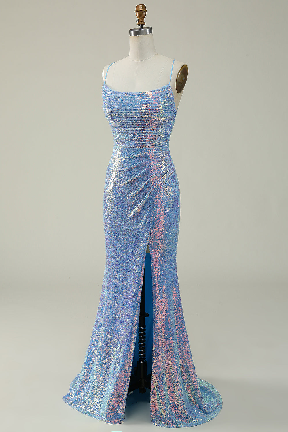 BLUE SEQUIN SPAGHETTI STRAP MERMAID PROM GOWN