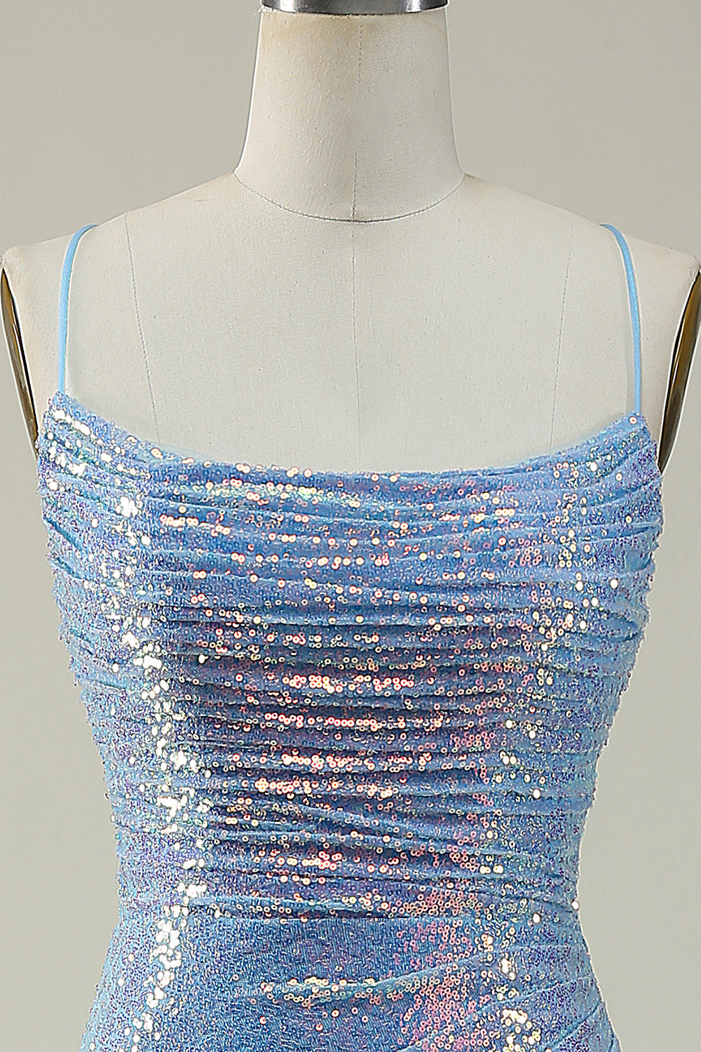 BLUE SEQUIN SPAGHETTI STRAP MERMAID PROM GOWN