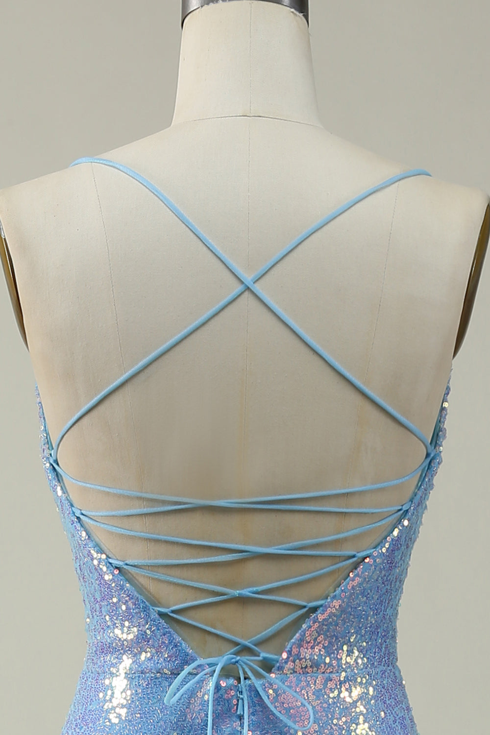 BLUE SEQUIN SPAGHETTI STRAP MERMAID PROM GOWN