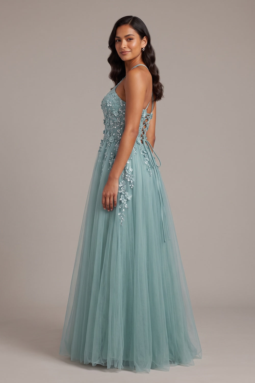 001892edd50cf675 DUSTY BLUE HALTER 3D FLORAL A-LINE EVENING GOWN