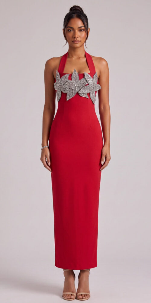 002af67f27260271 RED HALTER MAXI DRESS SILVER FLORAL PARTY