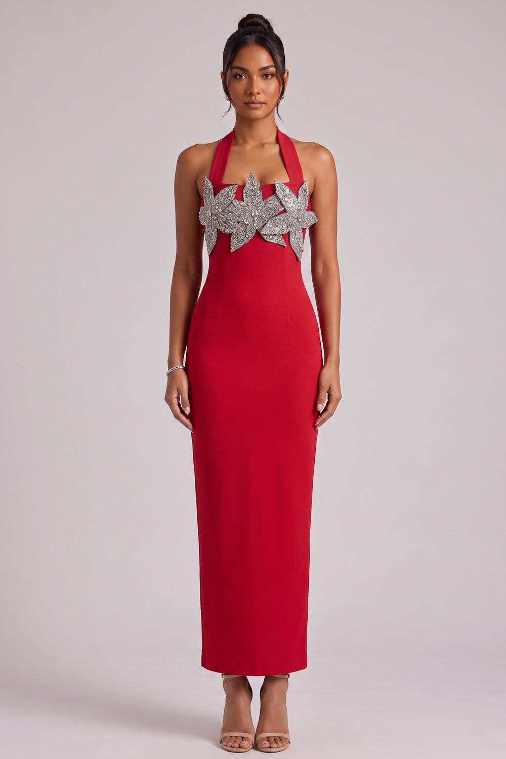 002af67f27260271 RED HALTER MAXI DRESS SILVER FLORAL PARTY