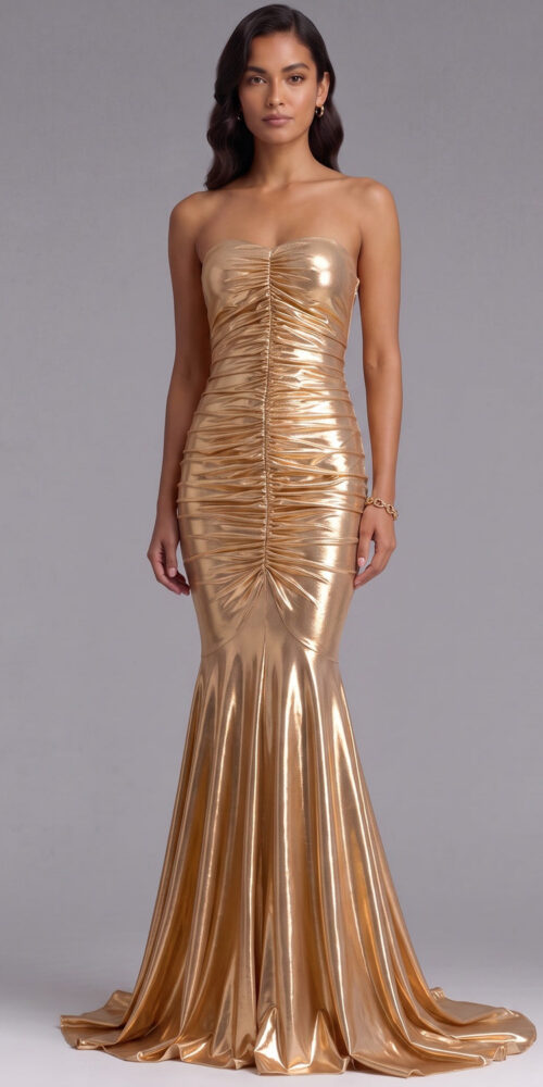GOLD RUCHED MERMAID EVENING GOWN