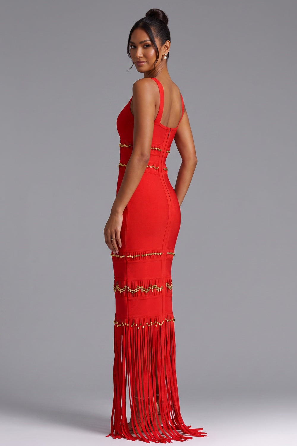 0074f02a5471ca4c RED FRINGE MAXI DRESS GOLD BEAD DETAIL PARTY