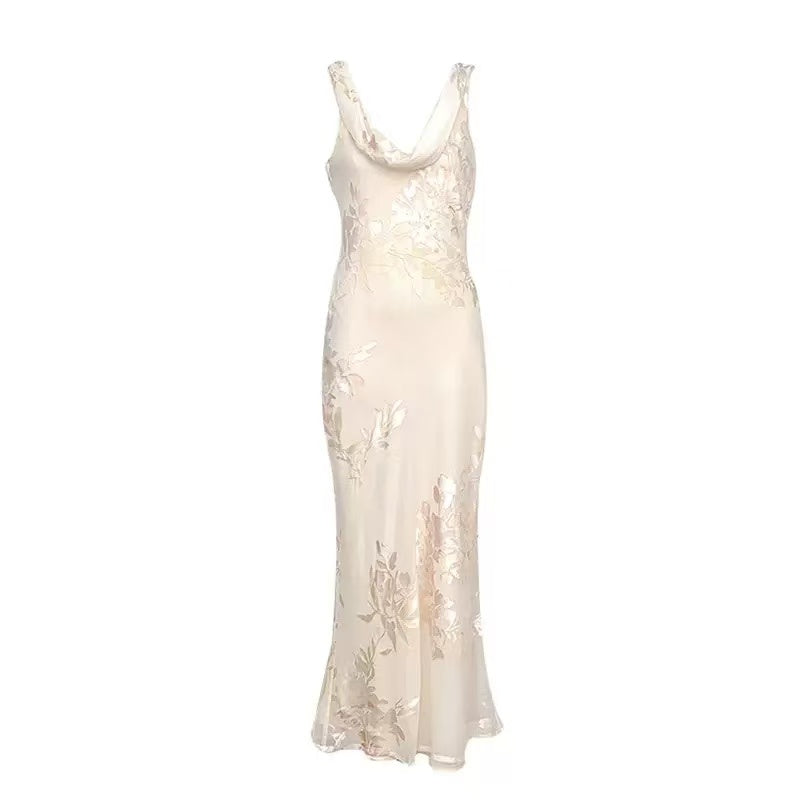 00caea1eb25b3bfffc822ba12db973e3 DRAPED COWL BACKLESS FLORAL JACQUARD MERMAID MAXI DRESS