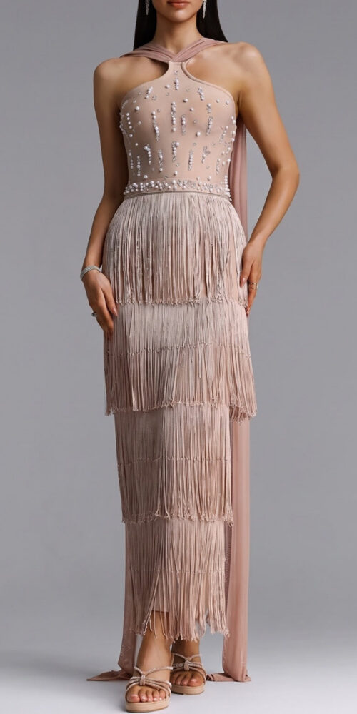 01170b3915cb209f HALTER BEADED FRINGE MAXI DRESS FOR EVENING