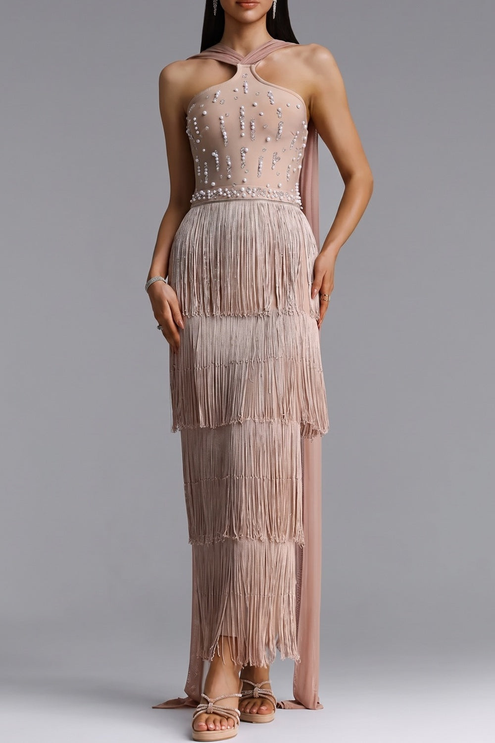 01170b3915cb209f HALTER BEADED FRINGE MAXI DRESS FOR EVENING
