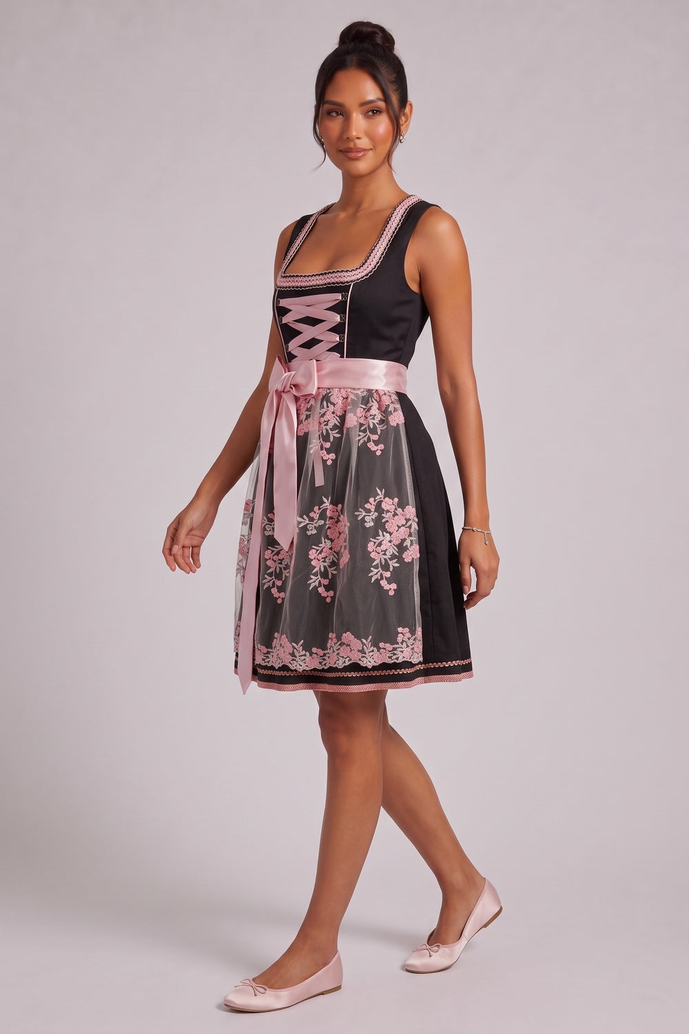 012f103123418539 BLACK MATTE WOVEN FIT-AND-FLARE DIRNDL DRESS