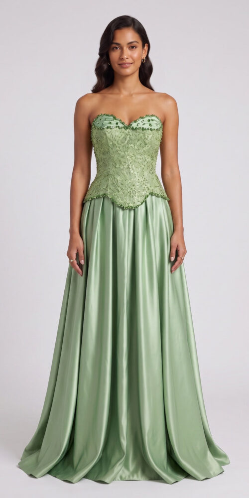 016272826a9bc7bb SAGE GREEN STRAPLESS EMBELLISHED GOWN, FLOOR-LENGTH FORMAL