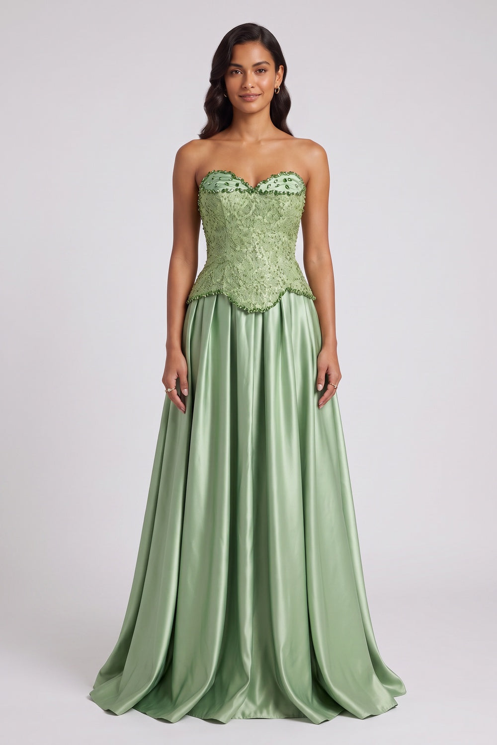 016272826a9bc7bb SAGE GREEN STRAPLESS EMBELLISHED GOWN, FLOOR-LENGTH FORMAL