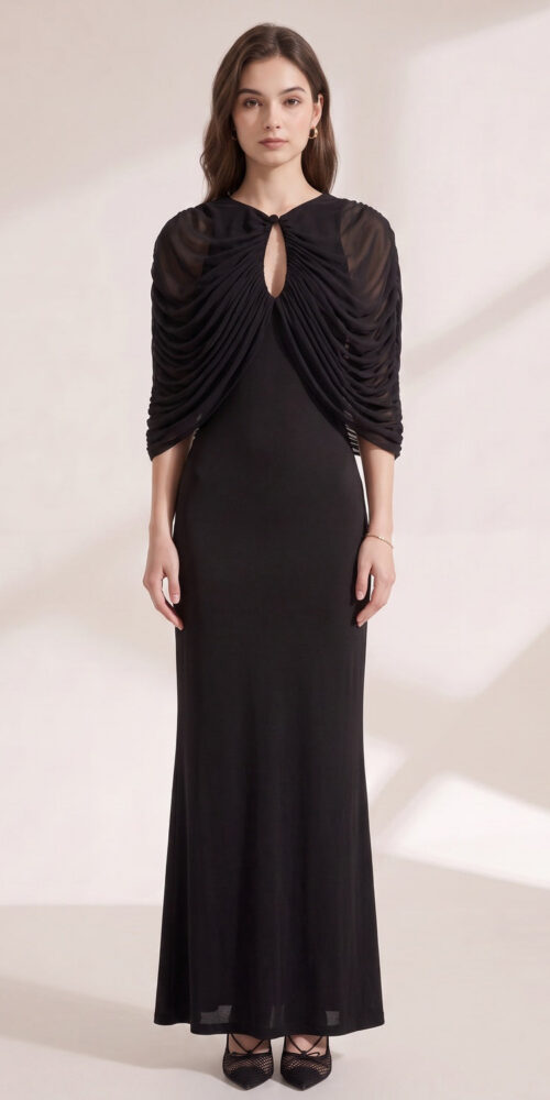 018e09332f6309a6 BLACK MATTE JERSEY COLUMN GOWN WITH DRAPED CAPELET