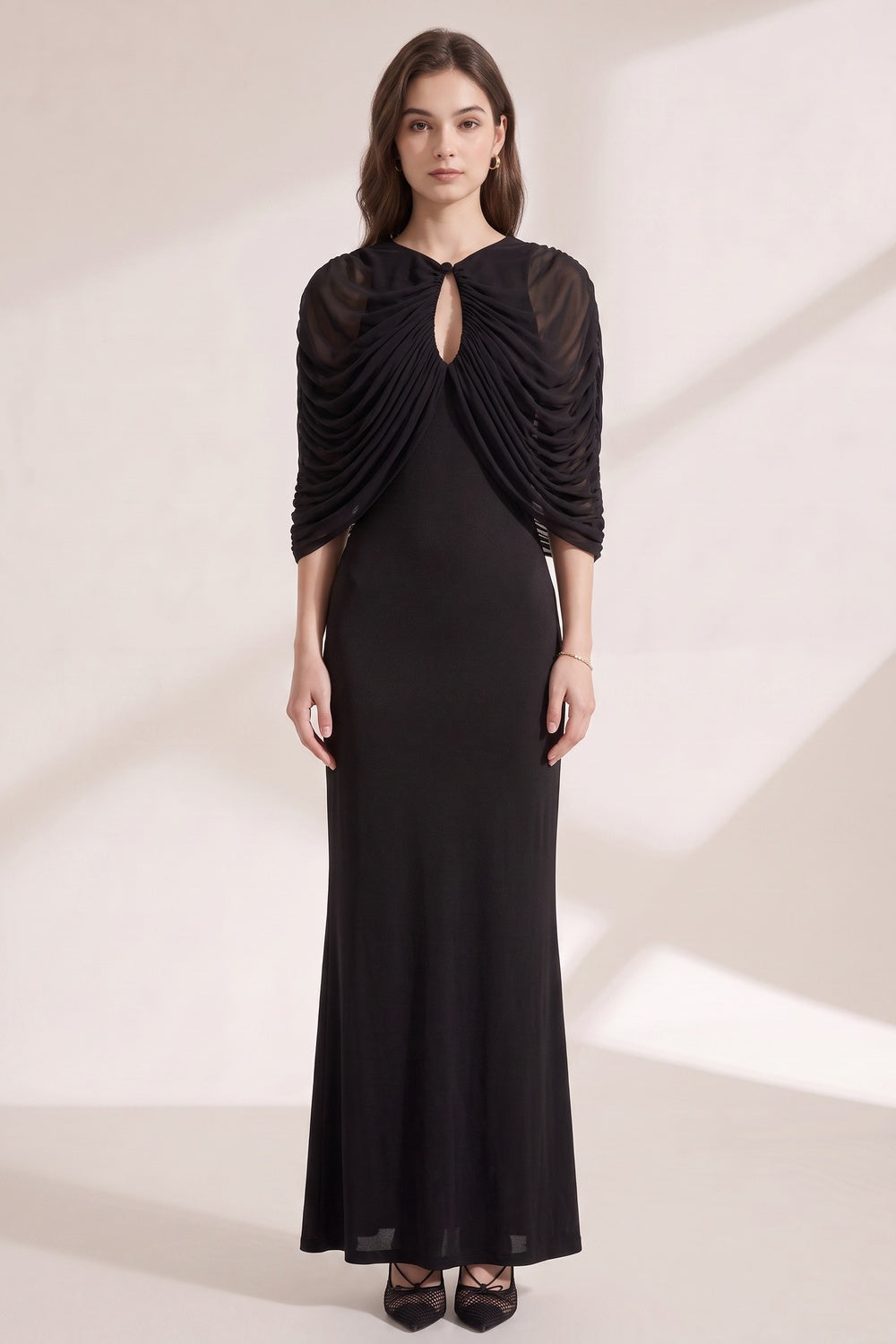 018e09332f6309a6 BLACK MATTE JERSEY COLUMN GOWN WITH DRAPED CAPELET