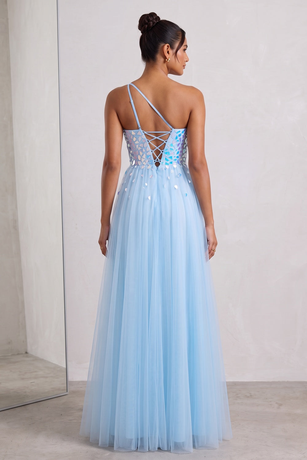 019b5f1d627156cb LIGHT BLUE IRIDESCENT TULLE LACE-UP BACK EVENING GOWN