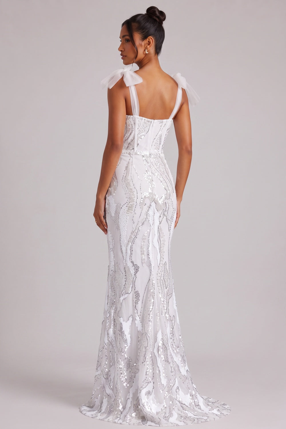 01a2d3e3b1aaba29 WHITE SEQUIN BOW STRAP GOWN, FLOOR-LENGTH EVENING DRESS