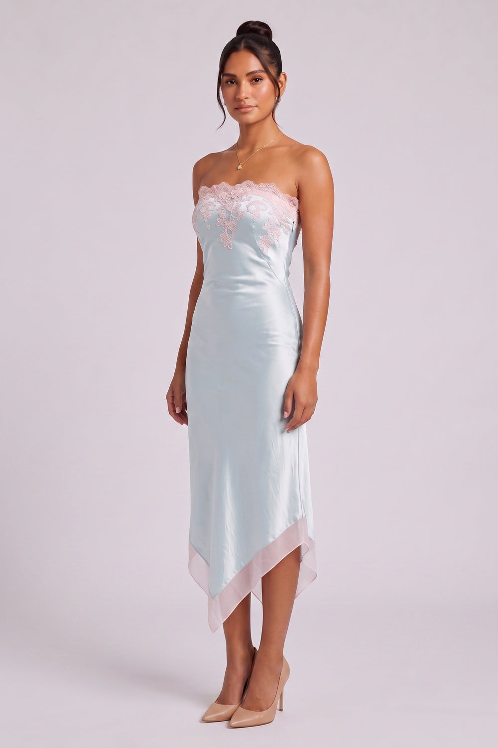 01a38b8cec6d5493 PALE BLUE SATIN SHEATH DRESS PINK LACE TRIM COCKTAIL
