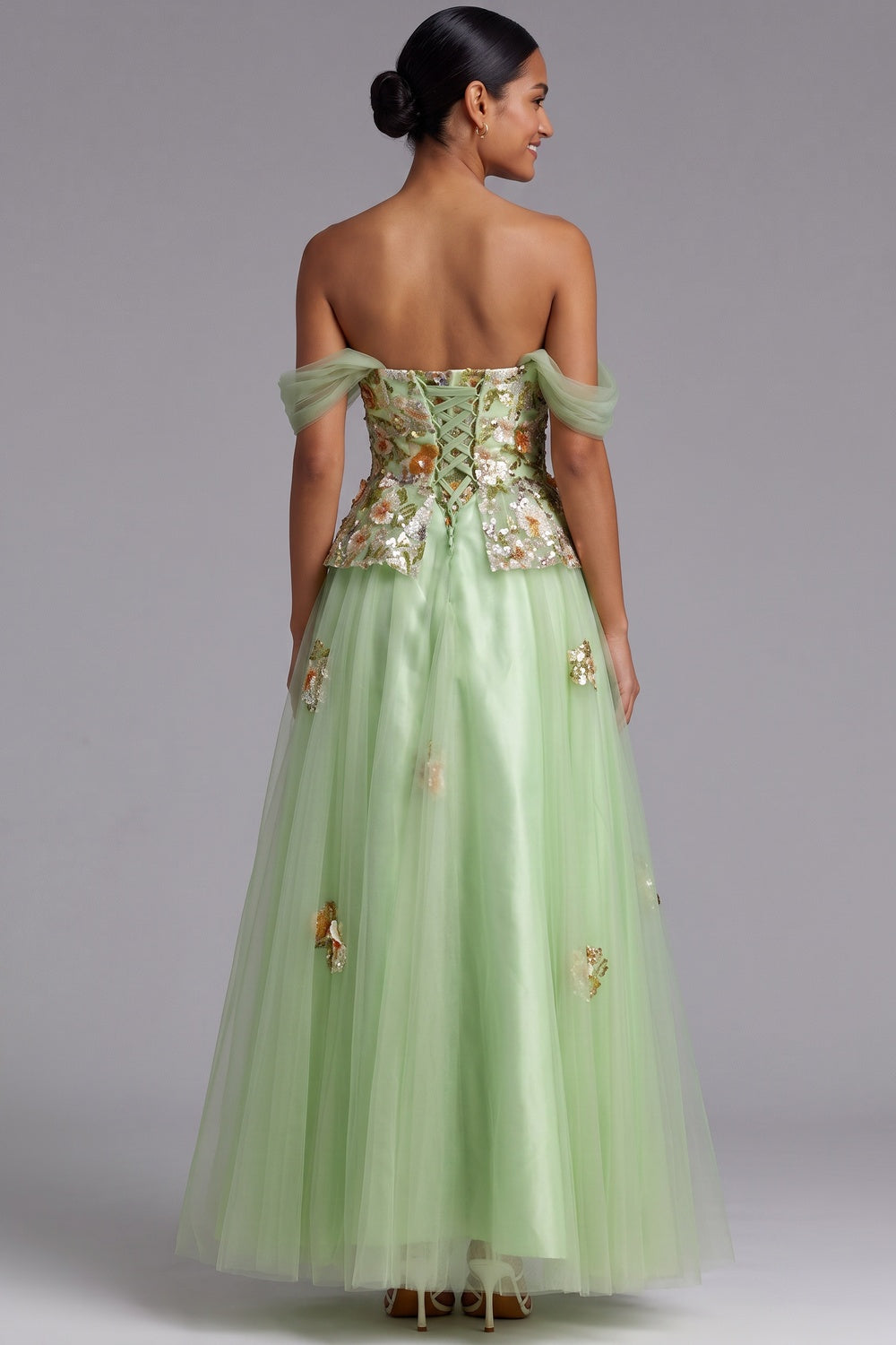 0228a838cc351736 LIGHT GREEN OFF-SHOULDER FLOOR-LENGTH FLORAL GOWN