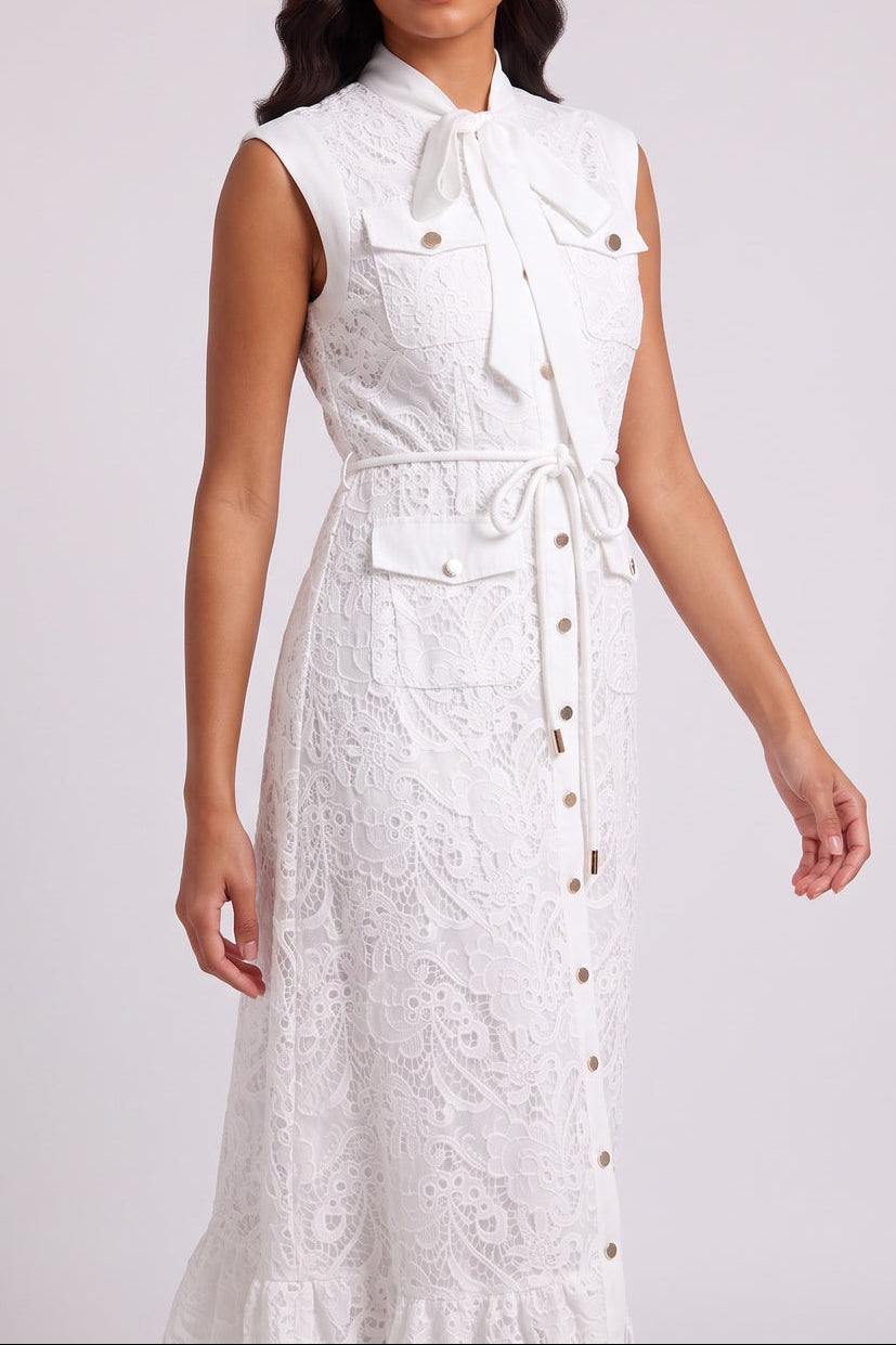 02f3130208ed6fbe WHITE SLEEVELESS TIE-NECK LACE MIDI CARGO DRESS