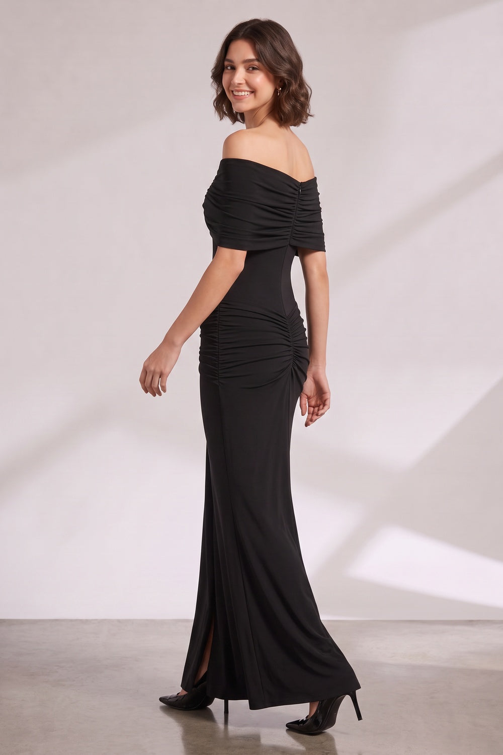 035e8180abdae964 OFF-SHOULDER RUCHED BLACK MAXI GOWN EVENING