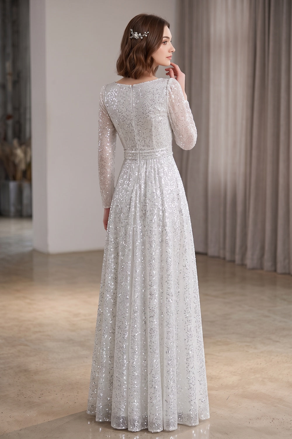 036c72d45958c932 SILVER SEQUIN TULLE A-LINE EVENING GOWN