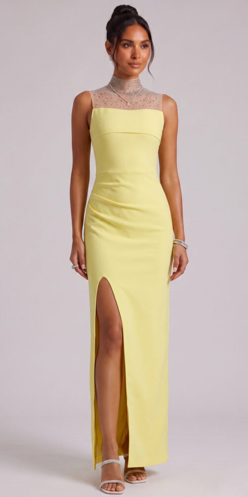 YELLOW BEADED NECKLINE MAXI DRESS FOR EVENTS
