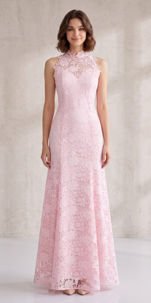 BLUSH PINK LACE MAXI DRESS FOR WEDDING GUEST