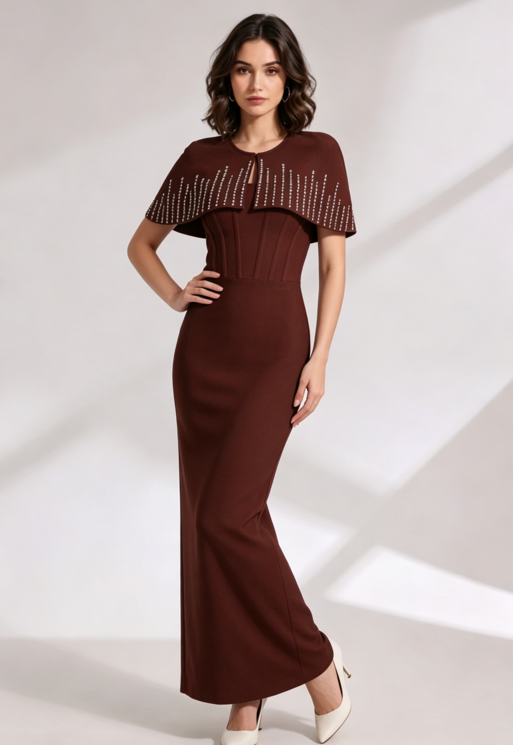 03ec54c24c9382583a9a8ad0d3e21166 DARK BROWN CREPE COLUMN DRESS CAPELET OVERLAY