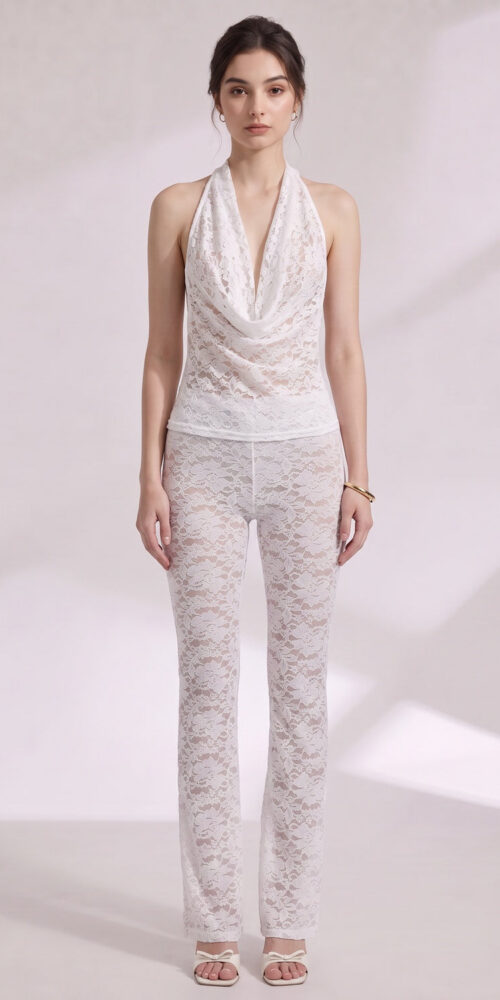 0408f5ae9cee7e8f WHITE SHEER LACE HALTER TWO-PIECE SET - FLARED PANTS
