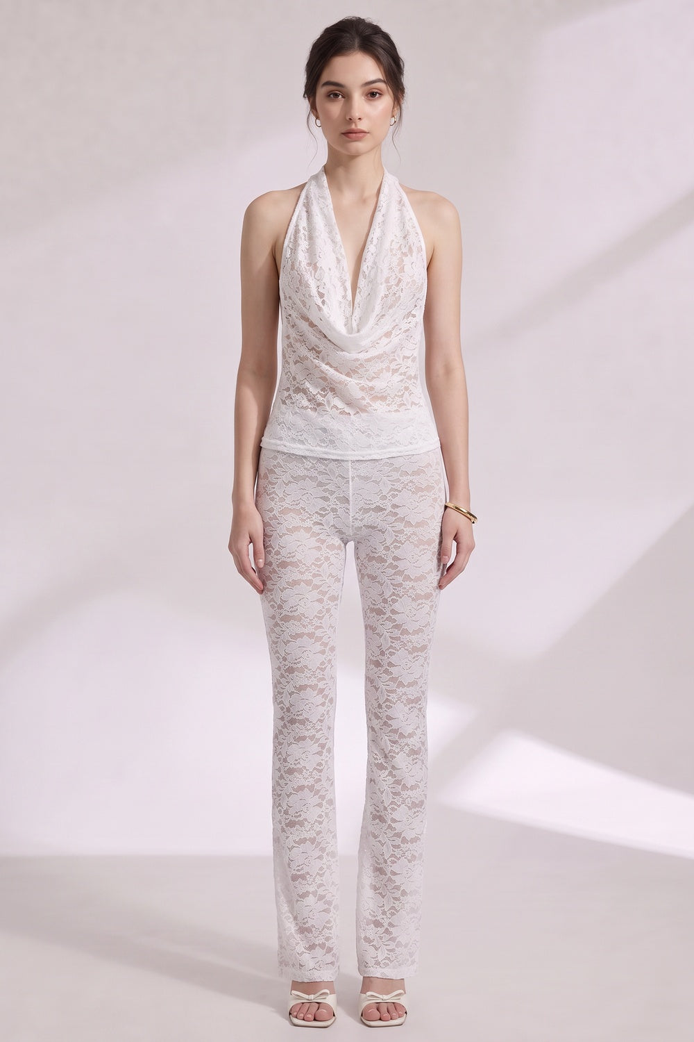 0408f5ae9cee7e8f WHITE SHEER LACE HALTER TWO-PIECE SET - FLARED PANTS