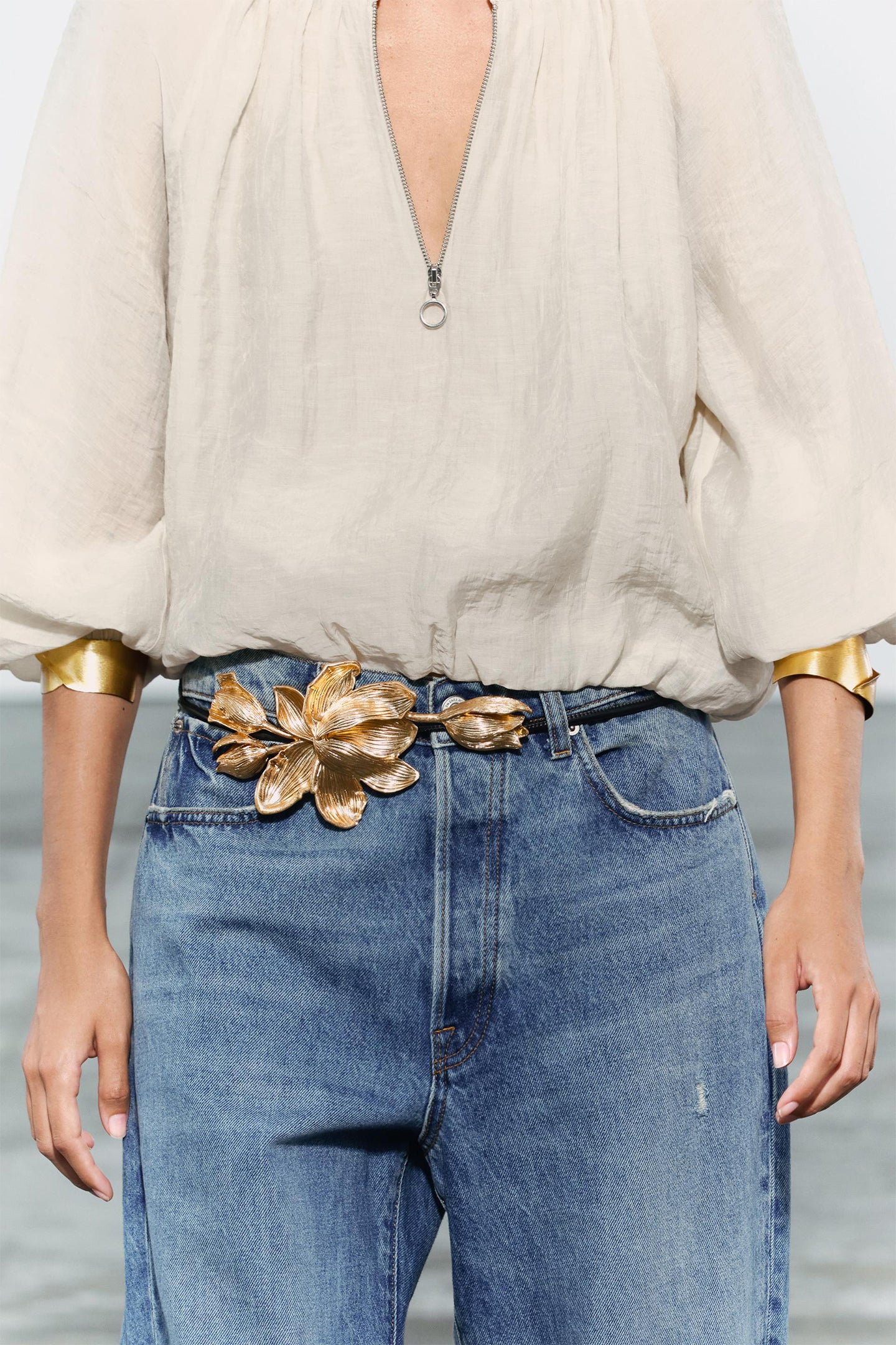 04548254303-a2 3D SCULPTED GOLDEN FLORAL THIN LEATHER BELT