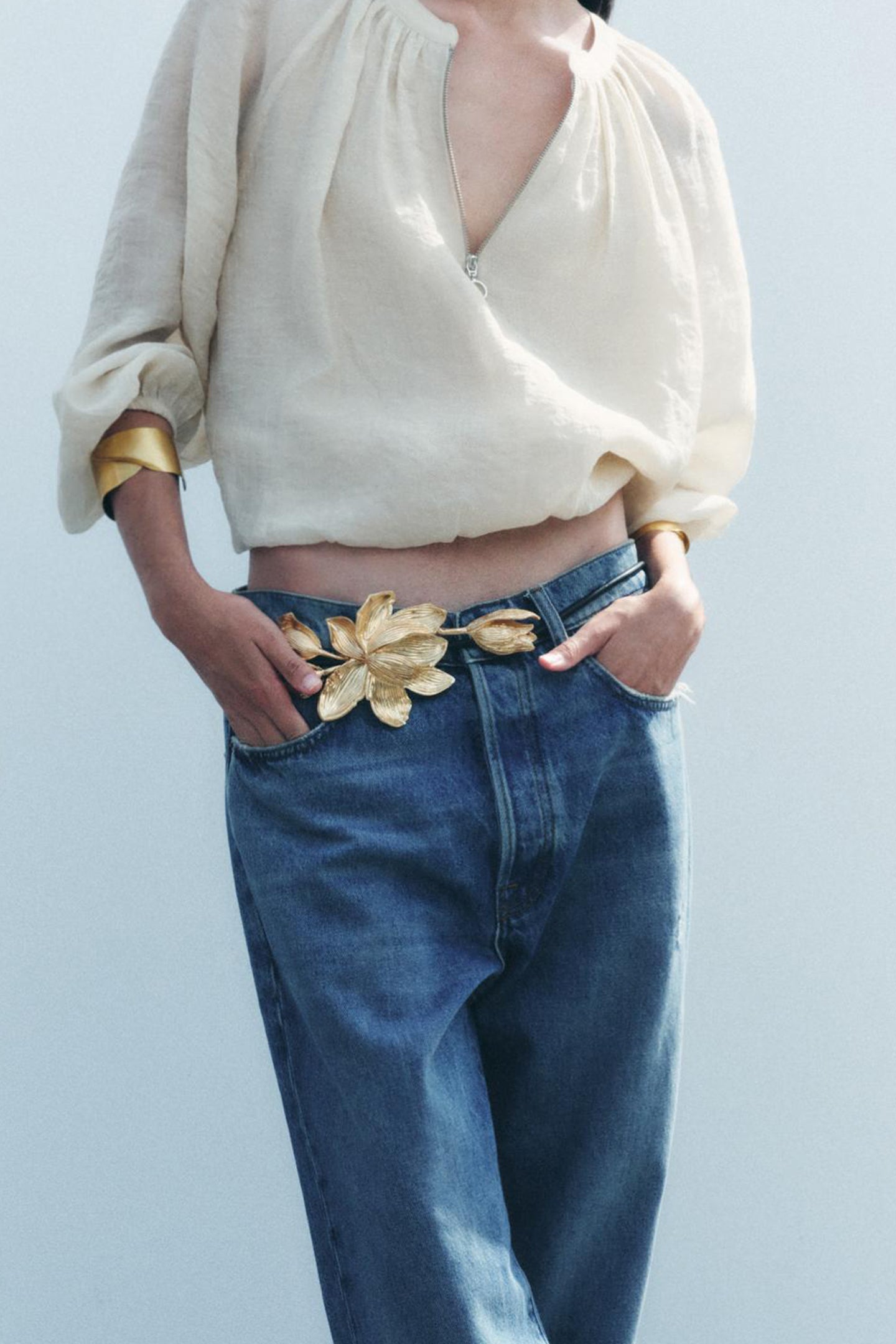 04548254303-a5 3D SCULPTED GOLDEN FLORAL THIN LEATHER BELT