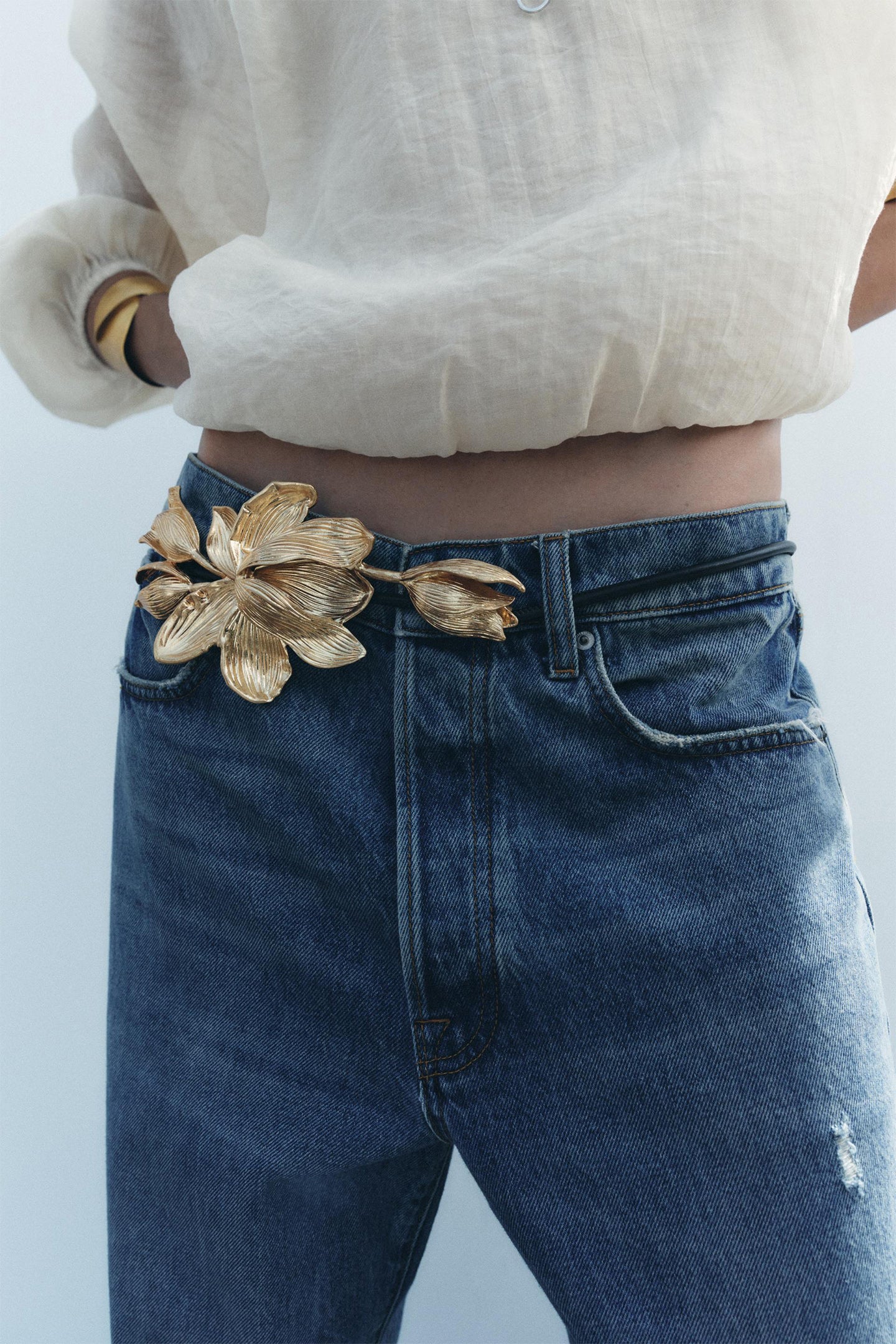 04548254303-p-c87epk 3D SCULPTED GOLDEN FLORAL THIN LEATHER BELT
