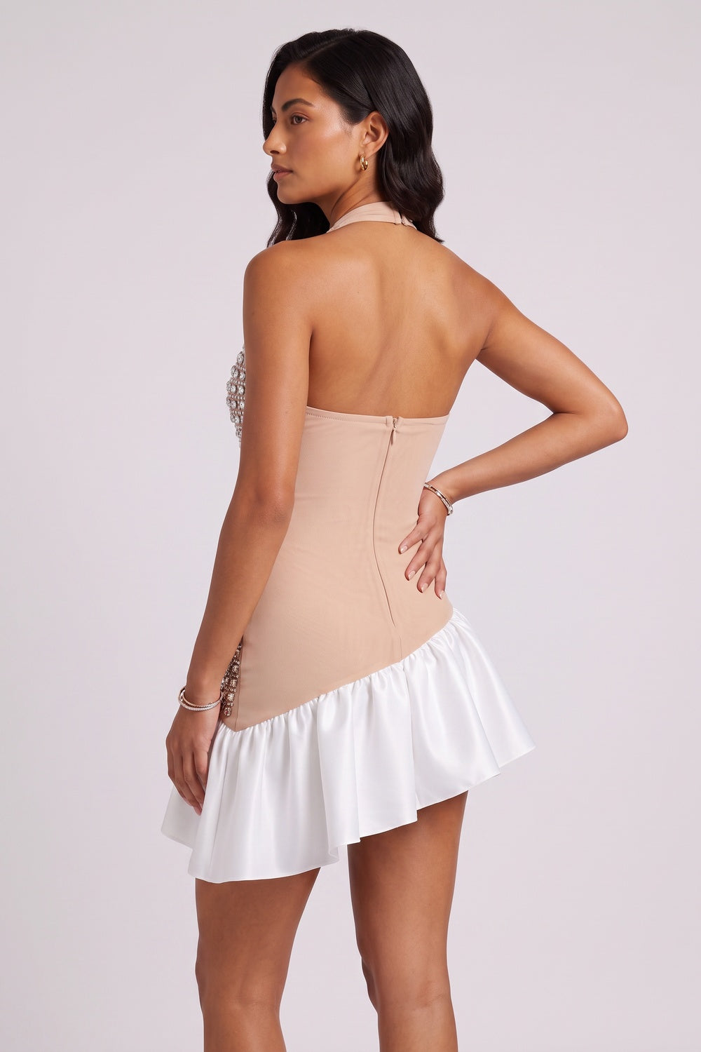 0456f04375ec7b2d RHINESTONE HALTER RUFFLE SATIN MINI DRESS