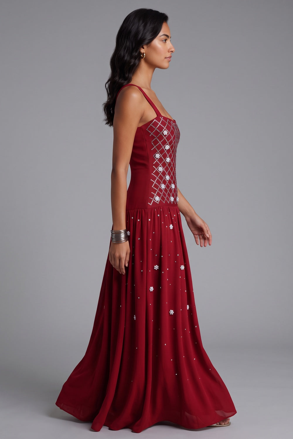 04a2c6b99f9fadcc SQUARE NECK RHINESTONE PEARL FLOWY MAXI DRESS
