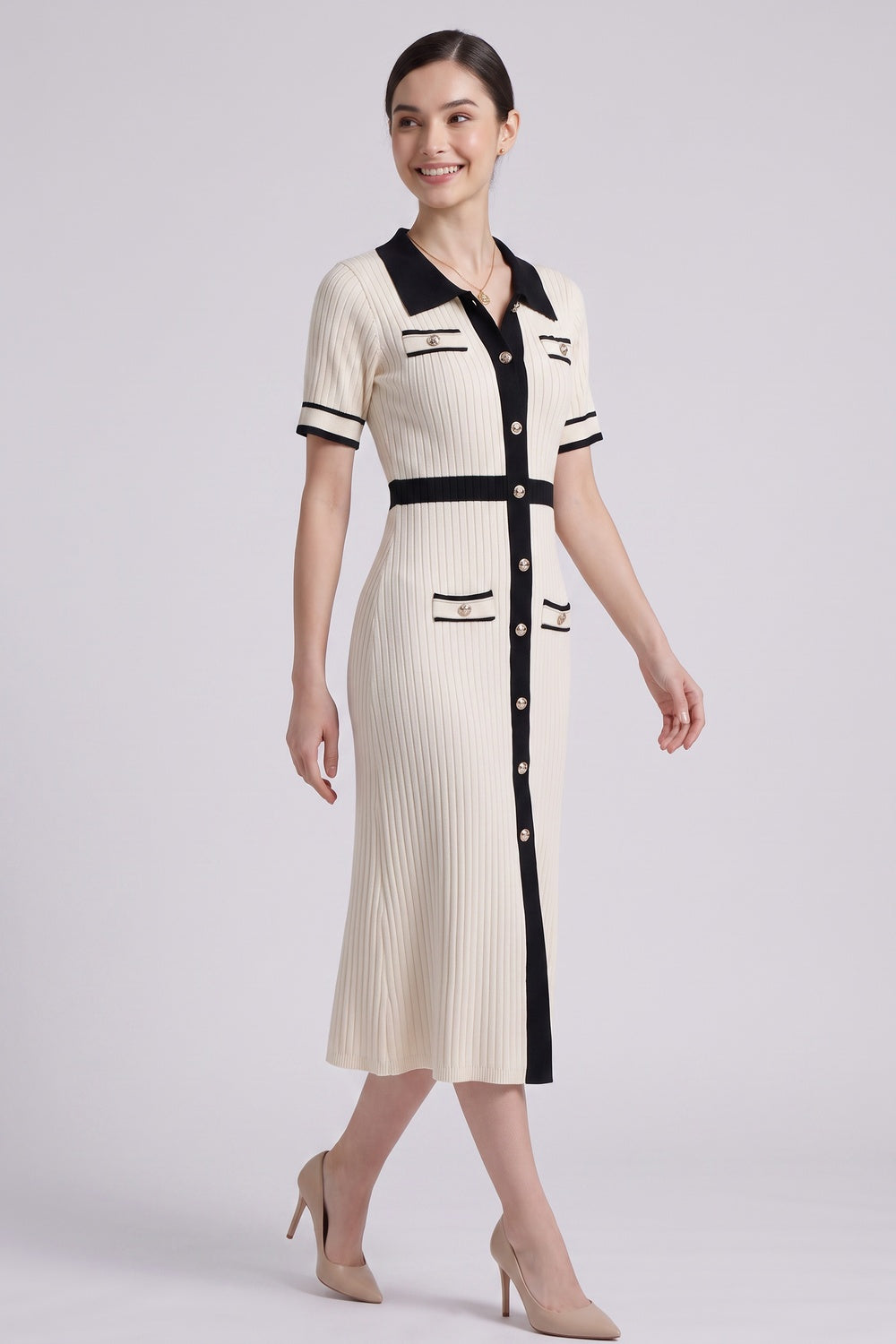 CREAM RIBBED MIDI DRESS BLACK TRIM COCKTAIL