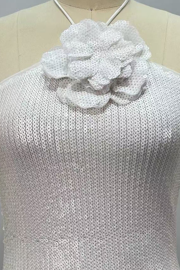 WHITE SEQUIN MESH COLUMN DRESS FLOWER EMBELLISHMENT
