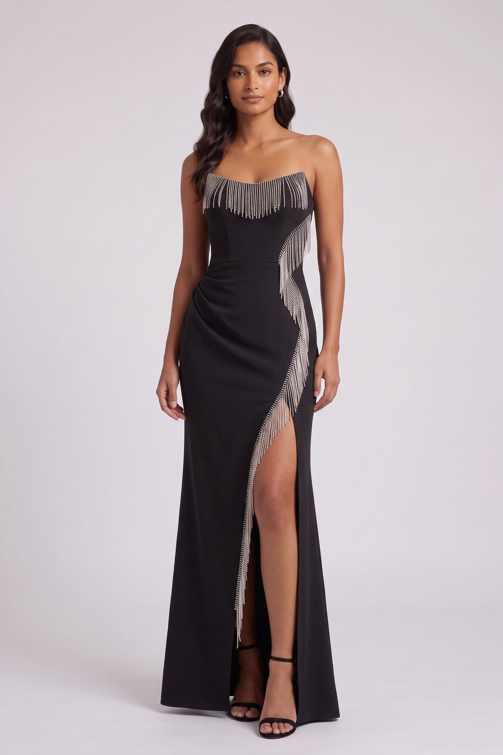 BLACK STRAPLESS FRINGE GOWN, PARTY READY