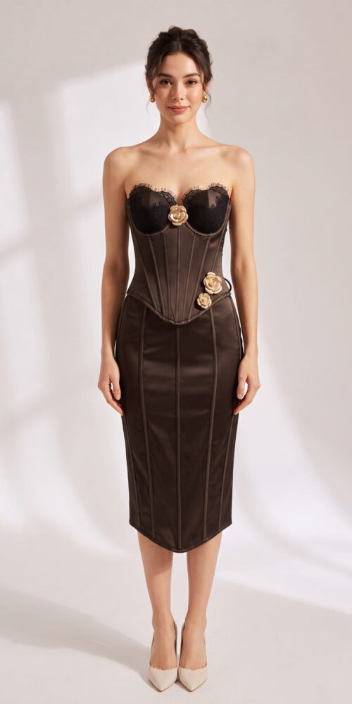 FLORAL LACE SATIN BONED STRAPLESS CORSET TOP FOR WEDDING
