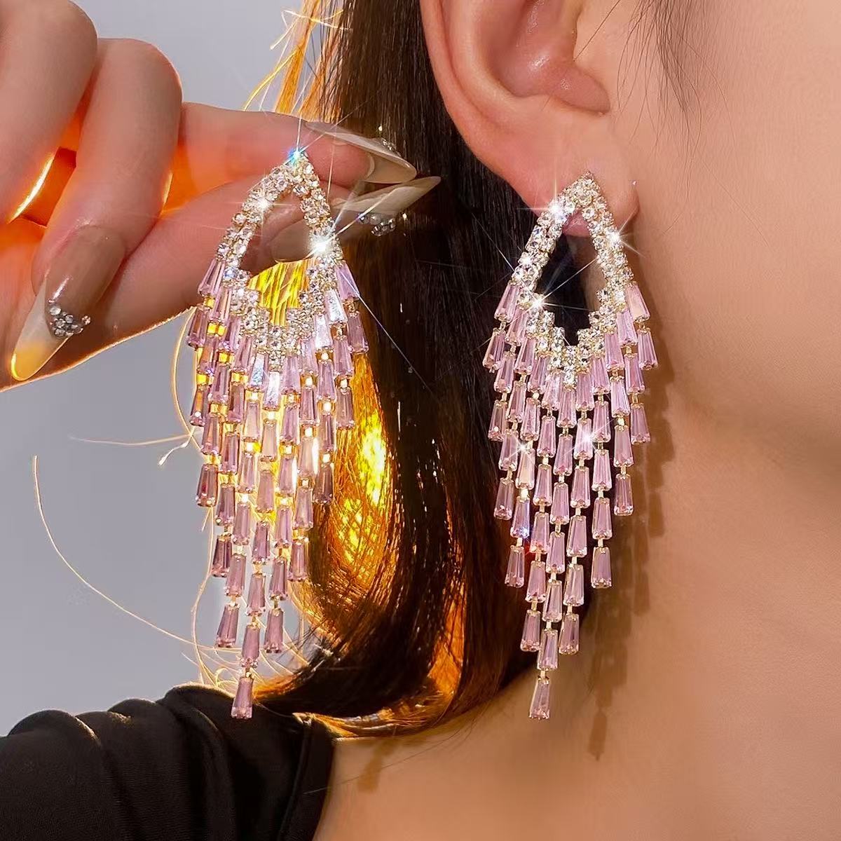 05abacc313c2932c40130f95035d58a2 AQUA BAGUETTE CRYSTAL TEARDROP TASSEL EARRINGS