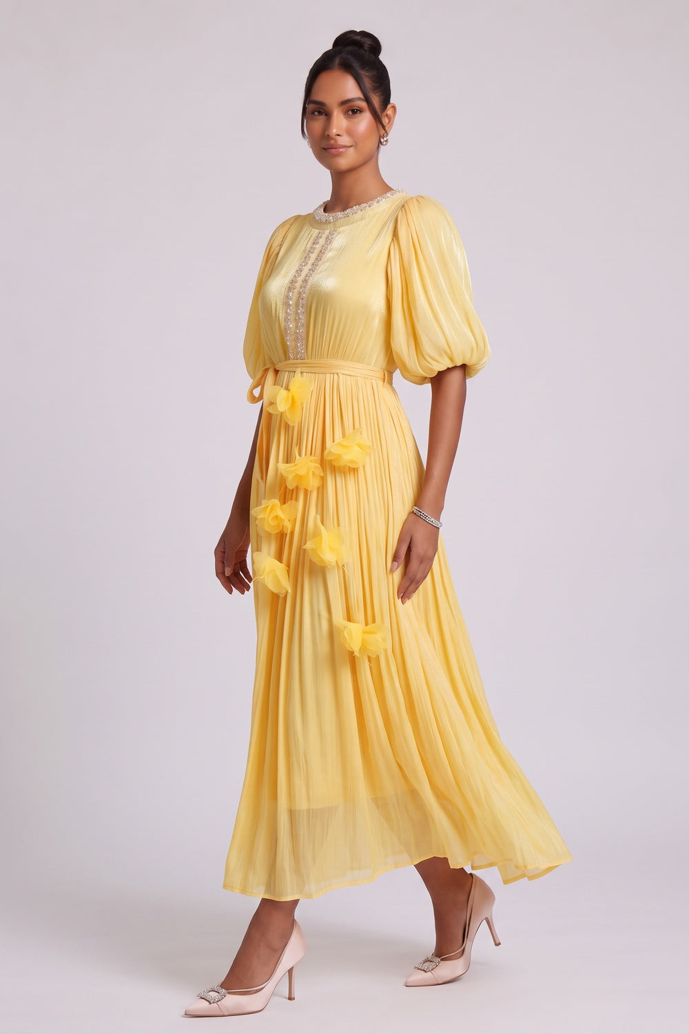 05c07486e2857366 YELLOW BEADED 3D FLORAL MIDI DRESS FOR WEDDING GUEST