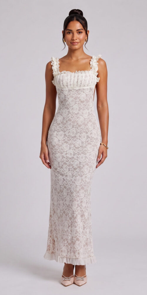 05cbb275629a86cc WHITE LACE MAXI DRESS RUFFLED SQUARE NECKLINE WEDDING GUEST