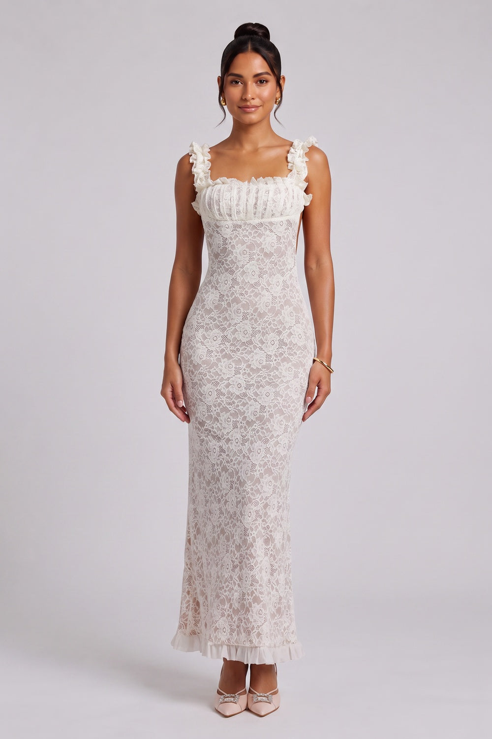05cbb275629a86cc WHITE LACE MAXI DRESS RUFFLED SQUARE NECKLINE WEDDING GUEST
