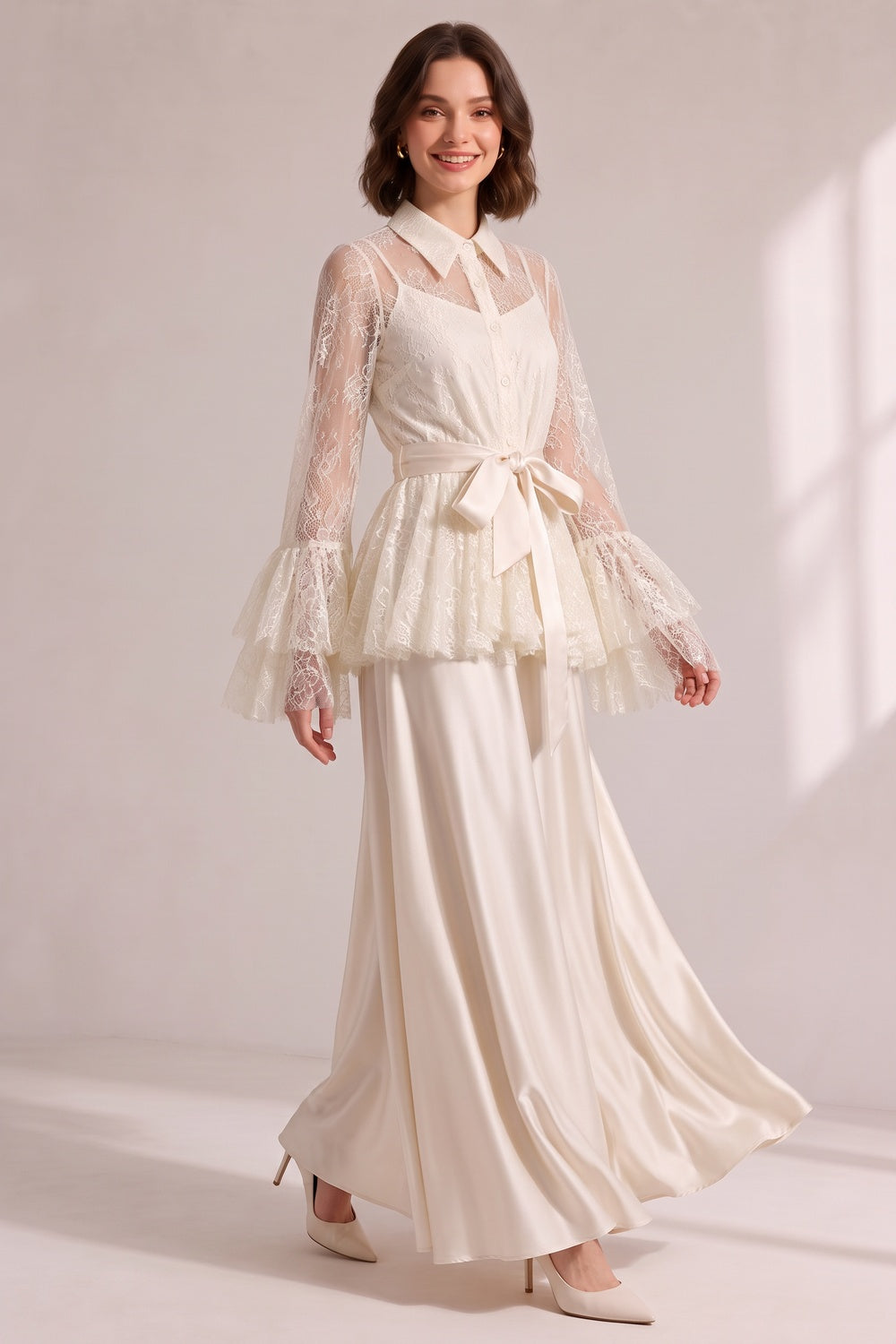 060d4b79a39f12dc CREAM LACE FLARE SLEEVE SATIN CAMI BELT WIDE LEG MAXI SET