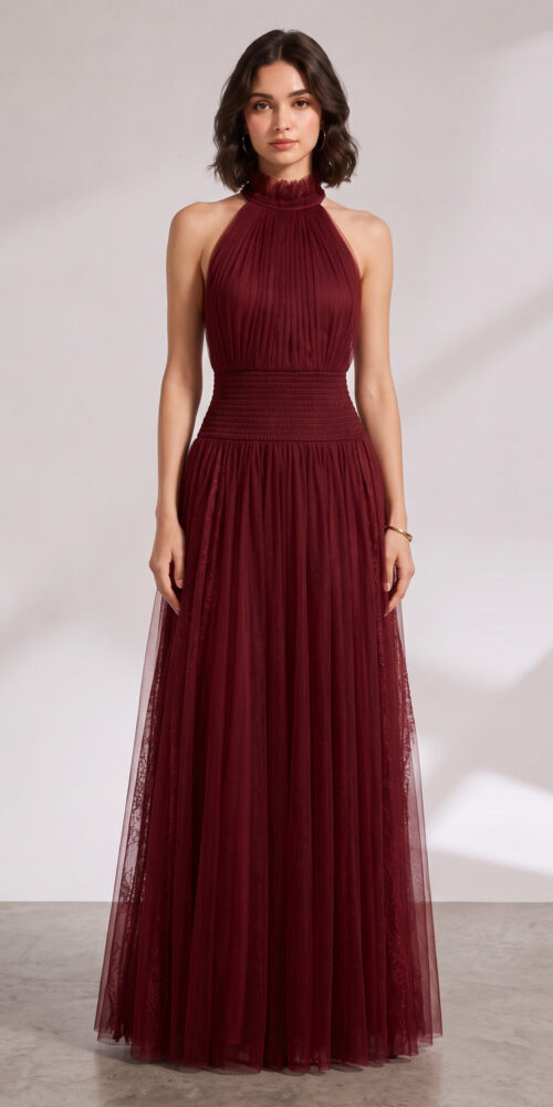 BURGUNDY HALTER PLEATED MAXI DRESS FOR WEDDING GUEST