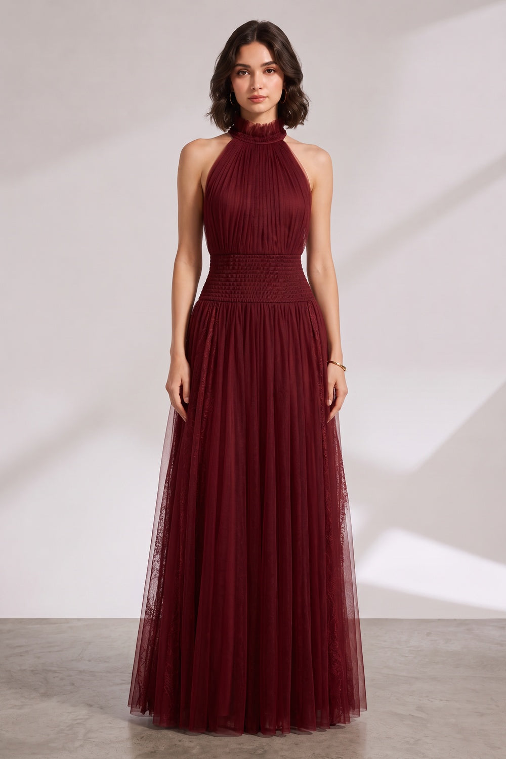 BURGUNDY HALTER PLEATED MAXI DRESS FOR WEDDING GUEST