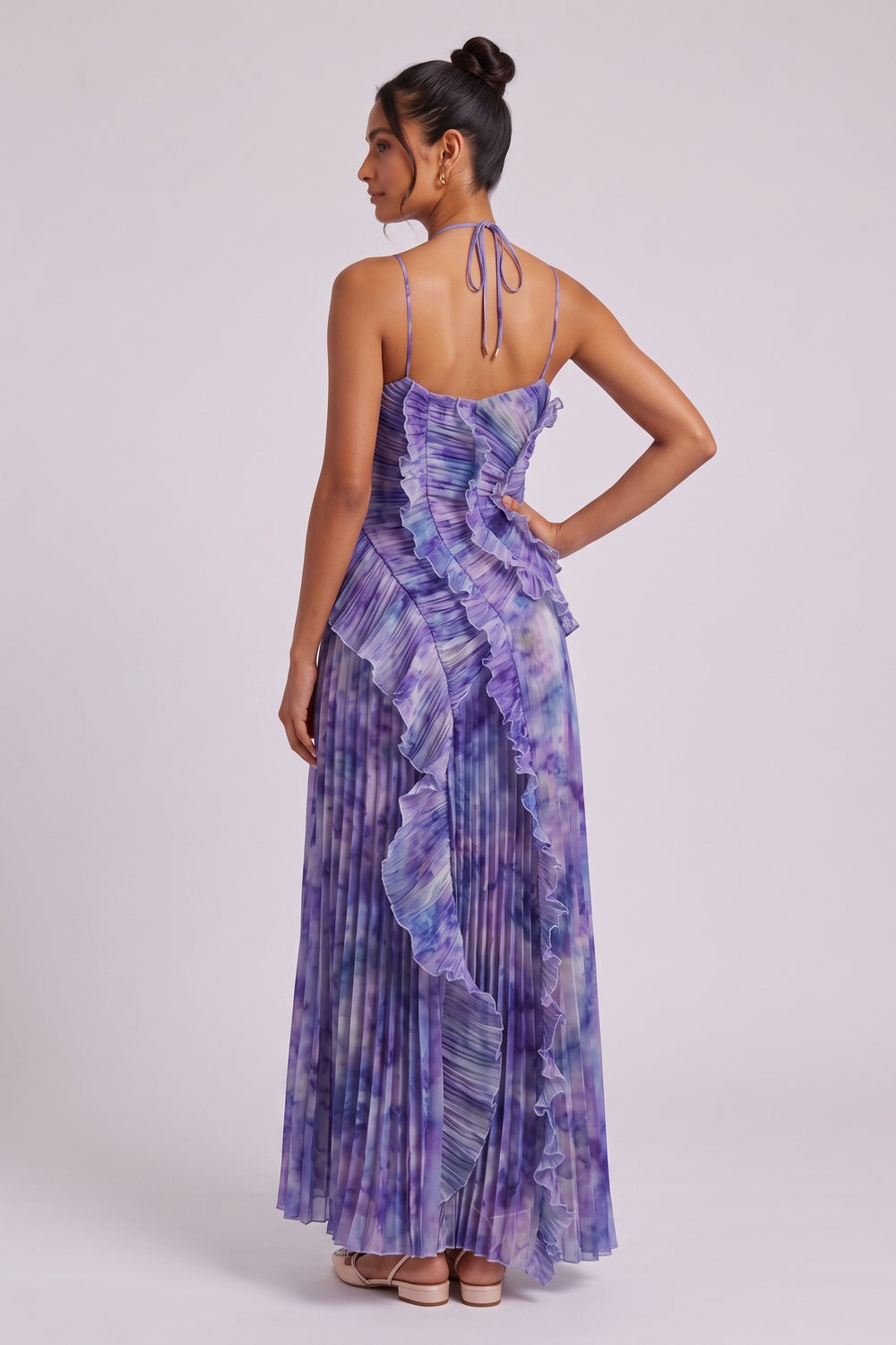 0642450e89fac0fb PURPLE TIE-DYE PLEATED CHIFFON A-LINE MAXI DRESS