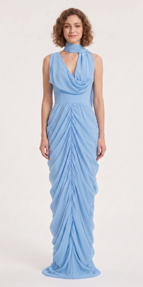LIGHT BLUE COWL NECK RUCHED MAXI GOWN