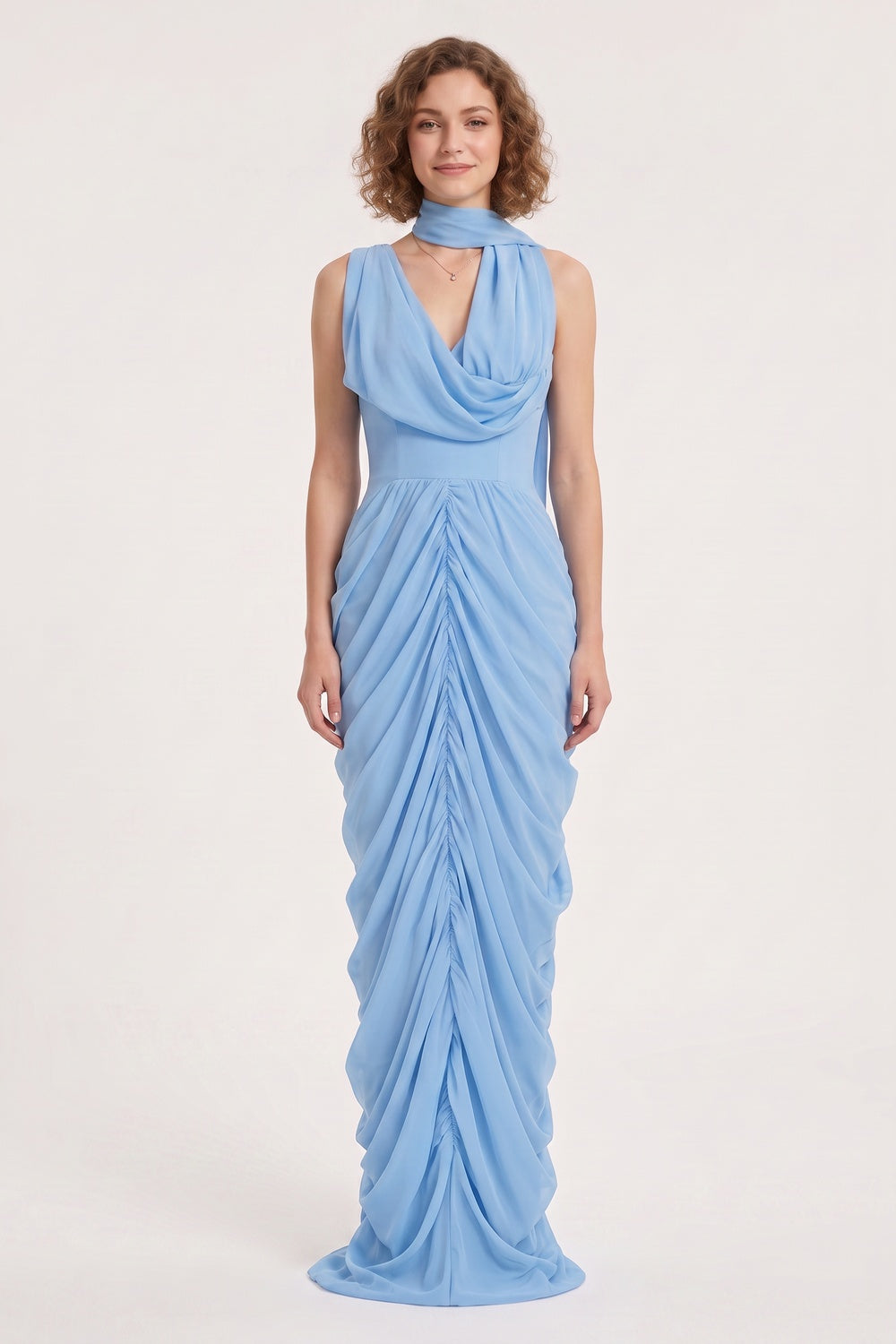LIGHT BLUE COWL NECK RUCHED MAXI GOWN