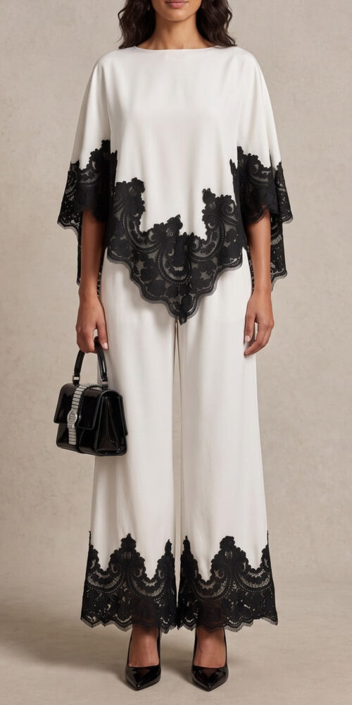 06b778b7f6e117d6 BLACK LACE TRIM FLARE SLEEVE TOP WIDE LEG PANTS CO-ORD