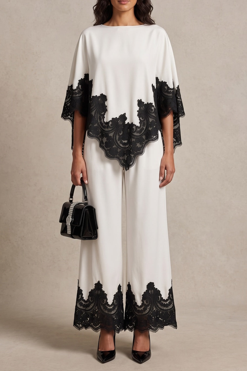 06b778b7f6e117d6 BLACK LACE TRIM FLARE SLEEVE TOP WIDE LEG PANTS CO-ORD